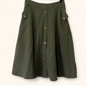 Women’s Small Military Chic Olive Green High Waist A-Line Midi Swing Skirt SHEIN